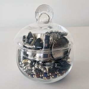 Small Mystery Fashion Jewerly Jar SIlver Tone Rhinestone Black and White